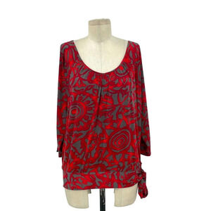 Clara Sunwoo Gray Red Scoop Neck Floral Tie Waist Top Size XS‎